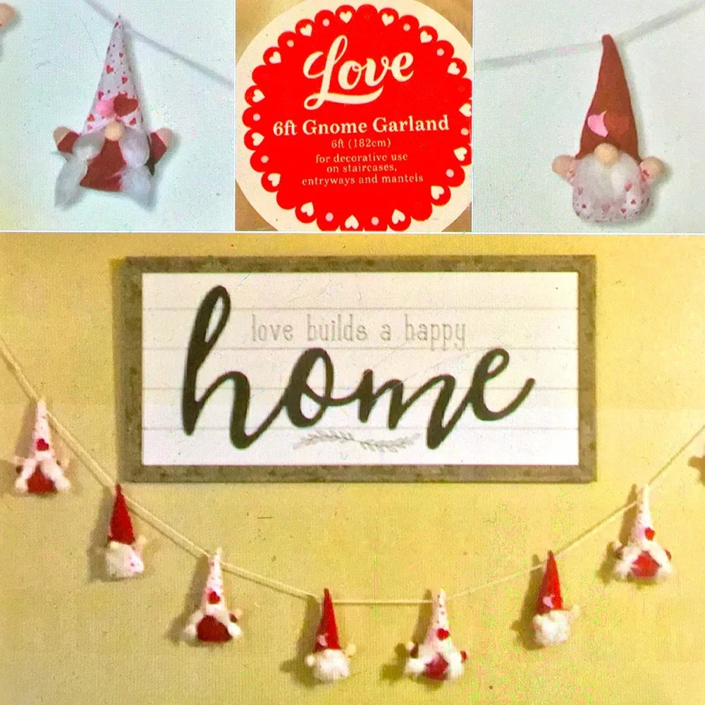 Valentines Day Decoration Gnome Garland 6’ Love NEW Pink & Red Hearts - Picture 7 of 16